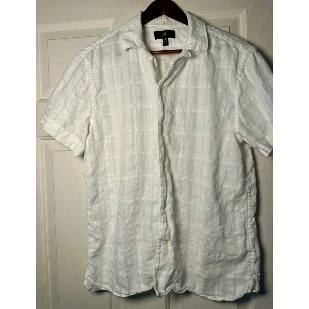 Banana Republic Standard Fit M Linen Blend Short Sleeve‎ Button Down Shirt White